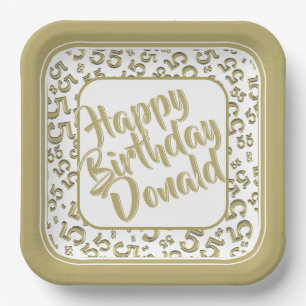 Birthday Age 55 Random Number Pattern Gold/White Paper Plates