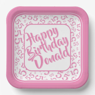 Birthday Age 55 Random Number Pattern Pink/White Paper Plates