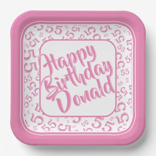 Birthday Age 55 Random Number Pattern Pink/White Paper Plates (Front)