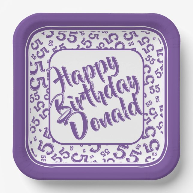 Birthday Age 55 Random Number Pattern Purple/White Paper Plates (Front)