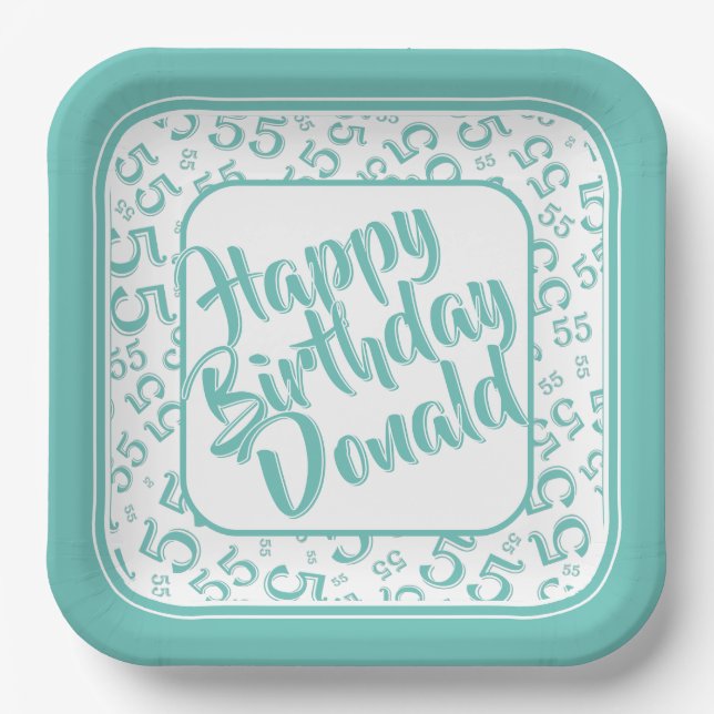 Birthday Age 55 Random Number Pattern Teal/White Paper Plates (Front)