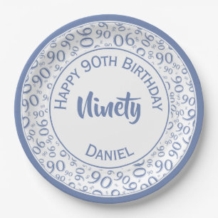 Birthday Age 90 Random Number Pattern Blue/White Paper Plates