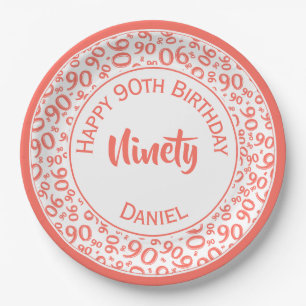 Birthday Age 90 Random Number Pattern Coral/White Paper Plates