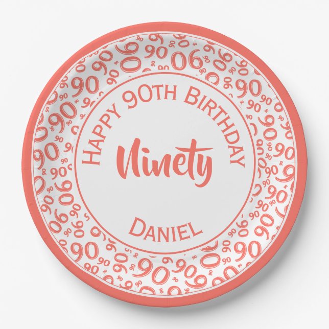 Birthday Age 90 Random Number Pattern Coral/White Paper Plates (Front)