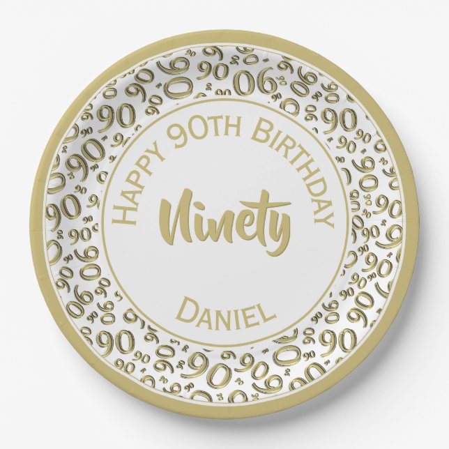 Birthday Age 90 Random Number Pattern Gold/White Paper Plates (Front)