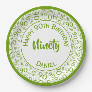 Birthday Age 90 Random Number Pattern Green/White Paper Plates