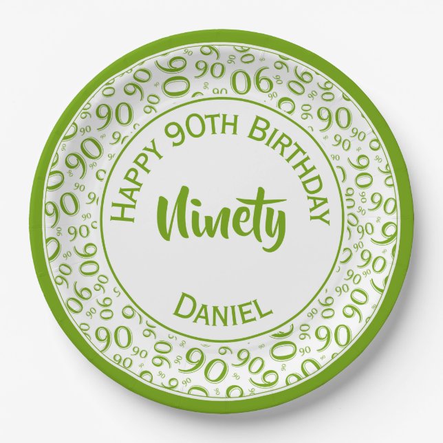 Birthday Age 90 Random Number Pattern Green/White Paper Plates (Front)
