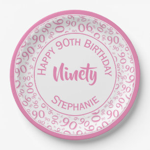 Birthday Age 90 Random Number Pattern Pink/White Paper Plates