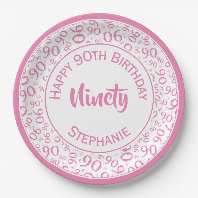 Birthday Age 90 Random Number Pattern Pink/White Paper Plates (Front)