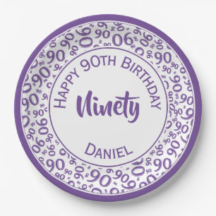 Birthday Age 90 Random Number Pattern Purple/White Paper Plates