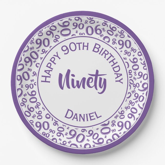 Birthday Age 90 Random Number Pattern Purple/White Paper Plates (Front)