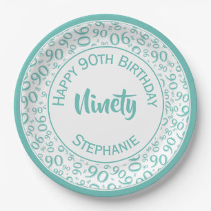 Birthday Age 90 Random Number Pattern Teal/White Paper Plates