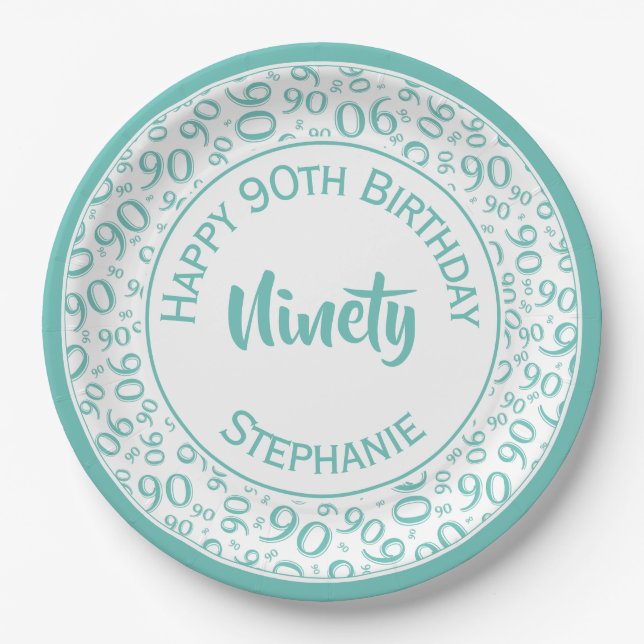 Birthday Age 90 Random Number Pattern Teal/White Paper Plates (Front)
