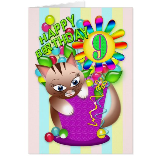 Birthday - Age 9 - Kitty Cat Celebrating Cards (Front)