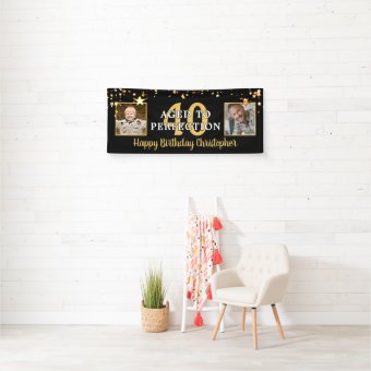 Birthday AGED TO PERFECTION Black Gold Stars Banner | Zazzle
