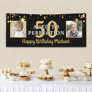 Birthday AGED TO PERFECTION Black Gold Stars Banner