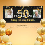 Birthday AGED TO PERFECTION Black Gold Stars Banner<br><div class="desc">Black white and gold stars birthday banner for any age birthday personalized with two photos and your custom text. The sample shows AGED TO PERFECTION over the editable age 50 and the editable greeting HAPPY BIRTHDAY NAME in a modern handwritten script font. Fun to use Then and Now photos. PHOTO...</div>
