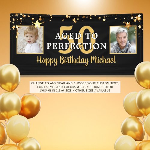 Birthday AGED TO PERFECTION Black Gold Stars Banner