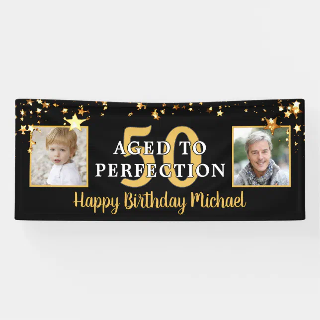 Birthday AGED TO PERFECTION Black Gold Stars Banner | Zazzle