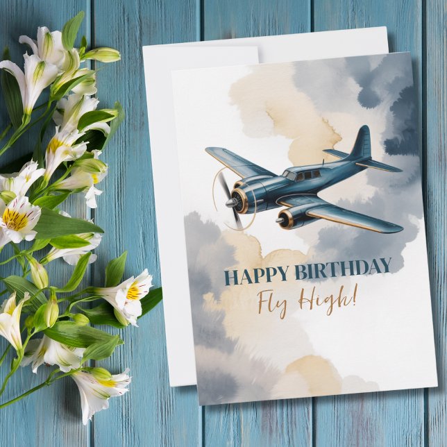 Birthday Airplane Blue and Gold Watercolor Elegant Invitation (Creator Uploaded)