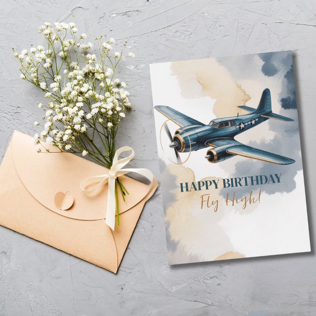 Birthday Airplane Blue and Gold Watercolor Elegant Invitation (Creator Uploaded)