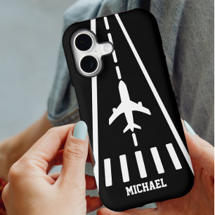 Birthday Airplane Landing Runway Black and White iPhone 17 Case