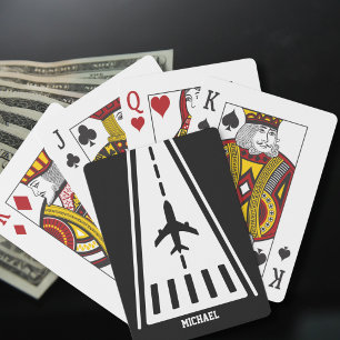 Birthday Airplane Landing Runway Black and White Poker Cards