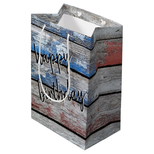 Birthday American Flag on Wood  Medium Gift Bag (Back Angled)