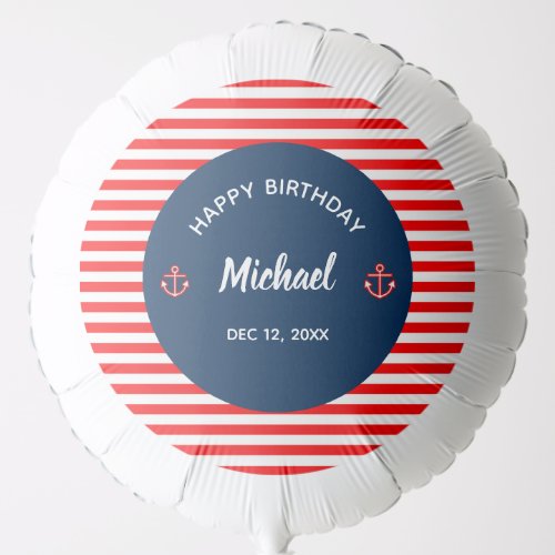 Birthday Anchor Nautical Navy Stripes Pattern Balloon