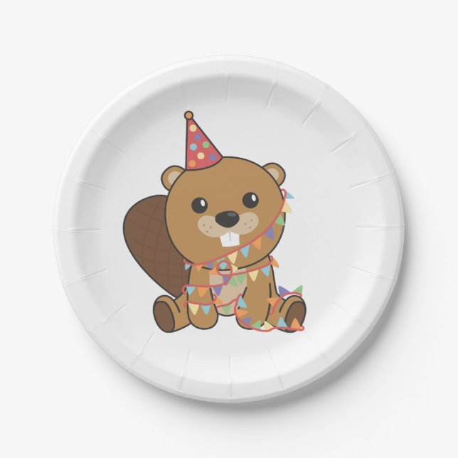 Birthday Animal Cute Beaver Kids Birthday Party Paper Plates (Front)