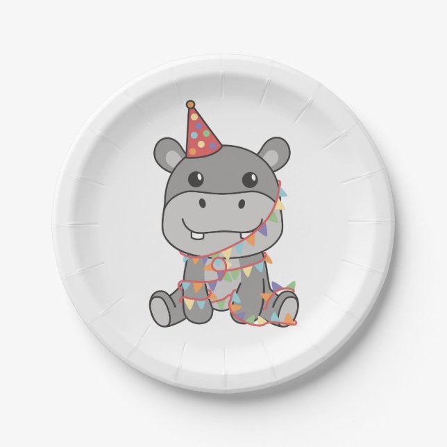 Birthday Animal Cute Hippo for Kids Birthday Party Paper Plates (Front)