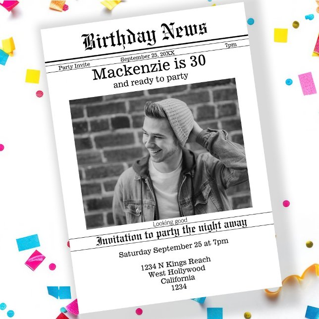 Birthday Announcement Newspaper Personalized (Birthday Announcement Newspaper Personalized Novelty Invitation by Ricaso. Add own photo and text)
