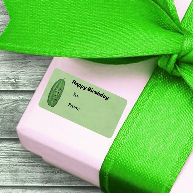Birthday Anthropomorphic Green Pickle With Face Label (Silly green anthropomorphic pickle with surprised face on Happy Birthday green gift tag stickers.)