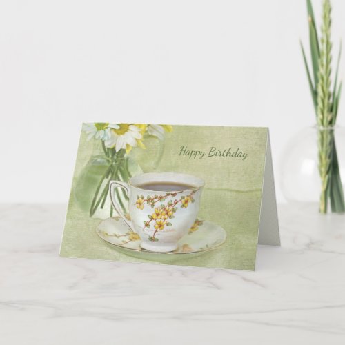 birthday antique teacup with daisy bouquet card