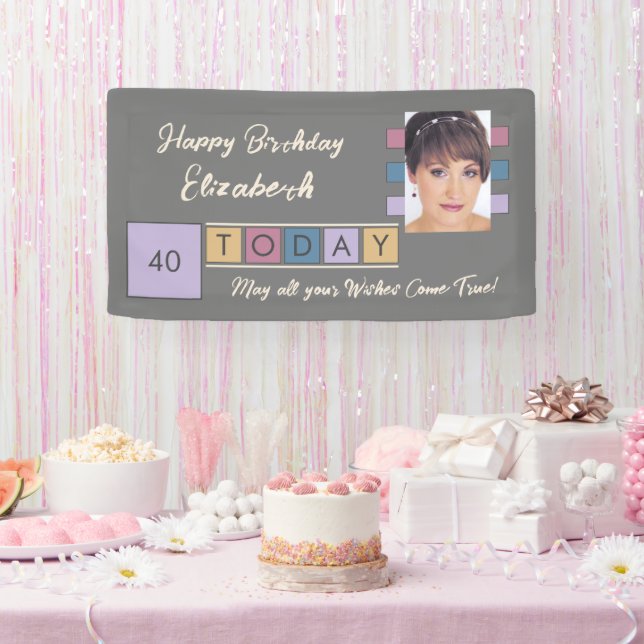 Birthday any age add photo name brown grey party banner (Party)