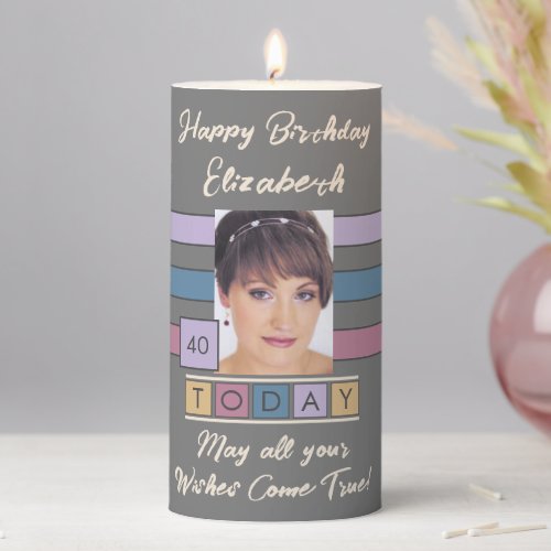 Birthday any age add photo name brown grey pillar candle