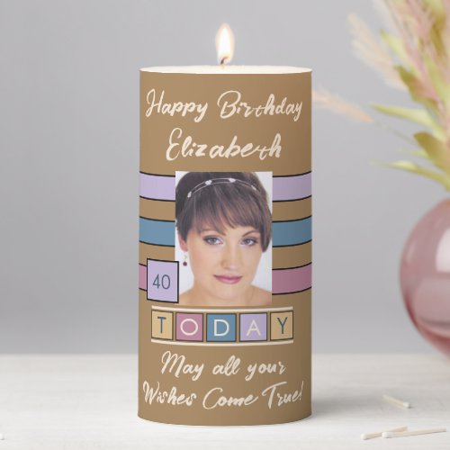 Birthday any age add photo name brown pillar candle