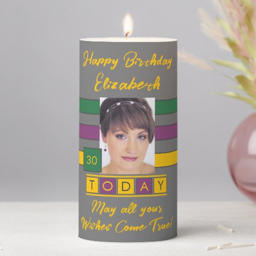 Birthday any age add photo name green grey pillar candle