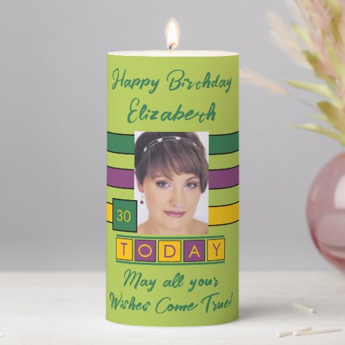 Birthday any age add photo name green pillar candle