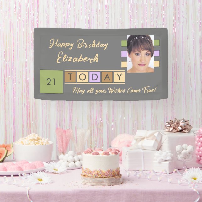 Birthday any age add photo name grey lilac party banner (Party)