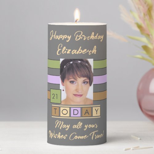 Birthday any age add photo name grey lilac pillar candle