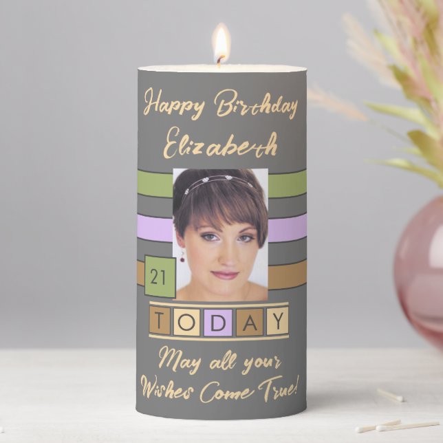 Birthday any age add photo name grey lilac pillar candle (In Situ)