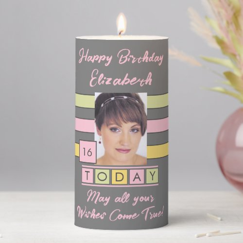 Birthday any age add photo name grey pillar candle