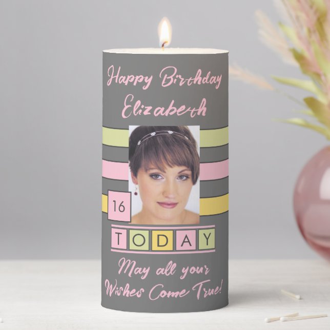 Birthday any age add photo name grey pillar candle (In Situ)