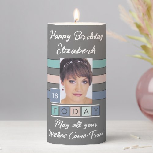 Birthday any age add photo name grey pink pillar candle