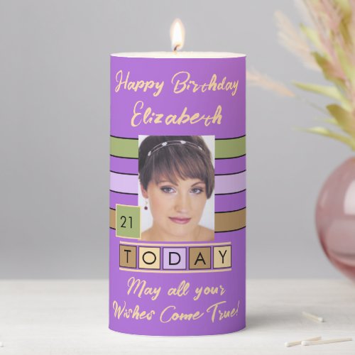 Birthday any age add photo name purple pillar candle