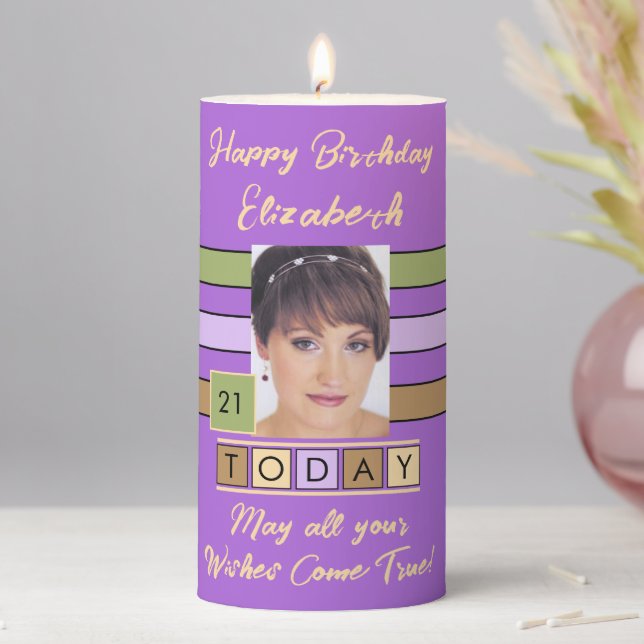 Birthday any age add photo name purple pillar candle (In Situ)
