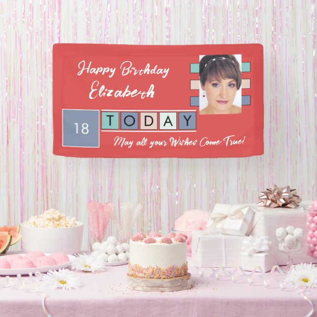 Birthday any age add photo name red party banner (Party)