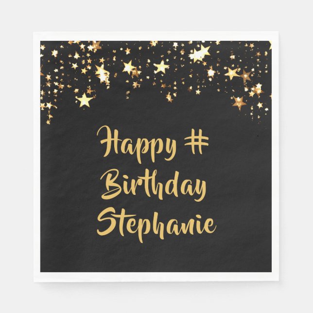 Birthday Any Age Black Gold Stars Name Napkins (Front)