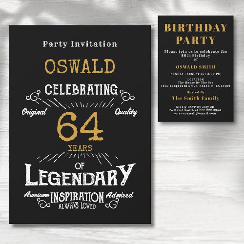 Birthday Any Age Legendary Black Gold Retro Invitation